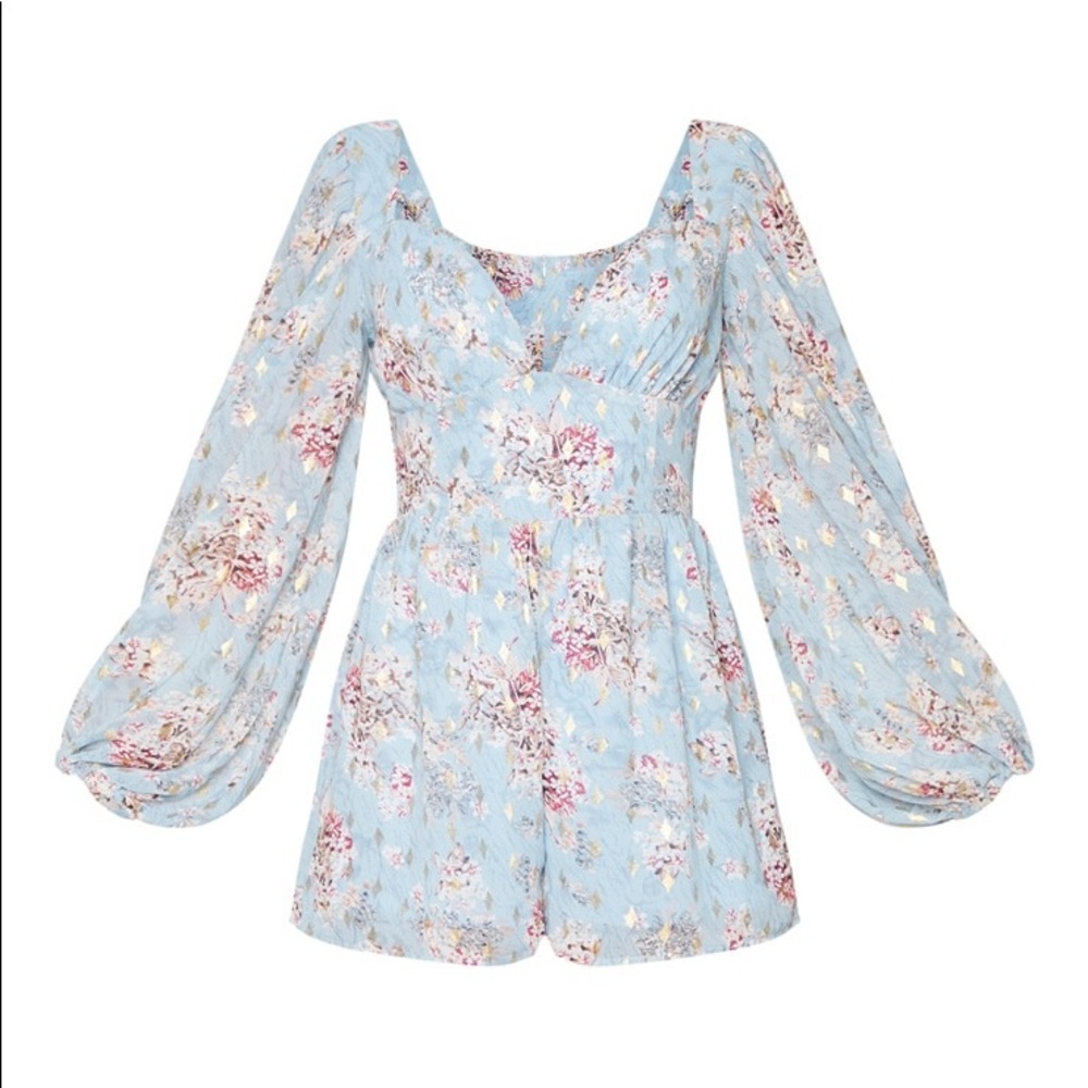 DUSTY BLUE FLORAL FLOATY PLUNGE CHIFFON ROMPER